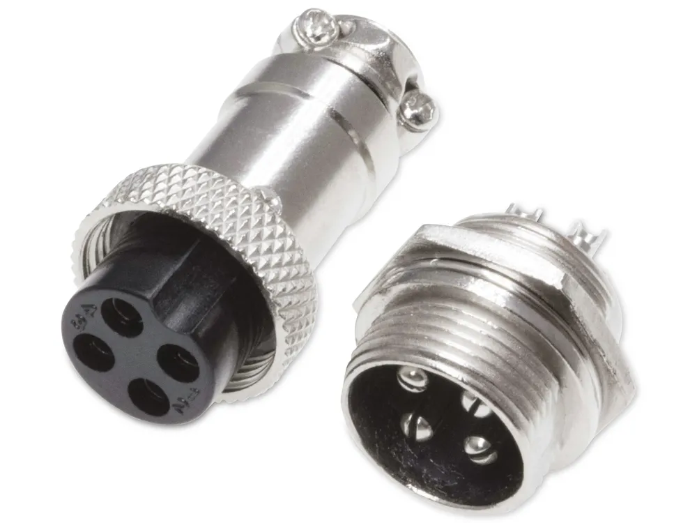 Rundsteckverbinder, 4-polig, 60V, 7A, Lötanschluss, IP55, wire to panel, 1 Stecker + 1 Buchse