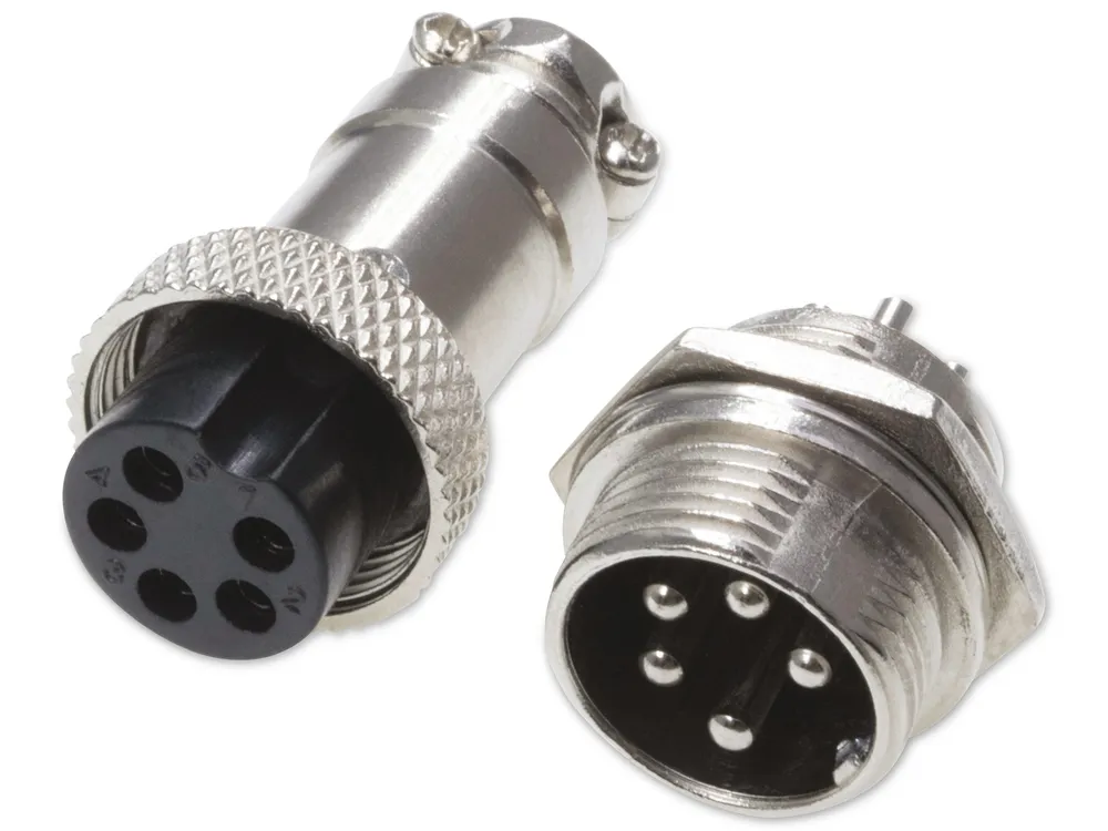 Rundsteckverbinder, 5-polig, 60V, 5A, Lötanschluss, IP55, wire to panel, 1 Stecker + 1 Buchse