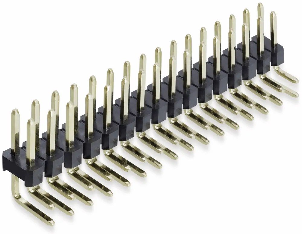 Stiftleiste, 2 x 16, 2,54 mm, gewinkelt, 0,8µ Au (Gold), 5 Stück