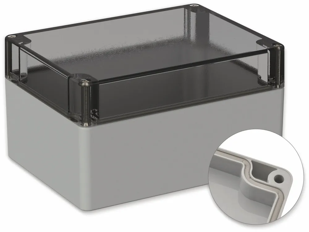 POLLIN, Polycarbonat Gehäuse, 160 x 120 x 90 mm, IP66, Lichtgrau, Glasklarer Deckel