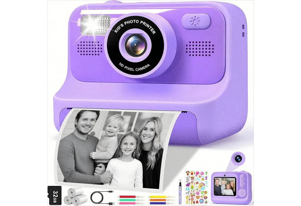 POPOLIC 1080P Kinderkamera - Selfie Digitalkamera Kinder mit 32GB Sofortbildkamera (inkl. Lila, Geburtstagsgeschenk Spielzeug ab 3-11 Jahre Mädchen Jungen)