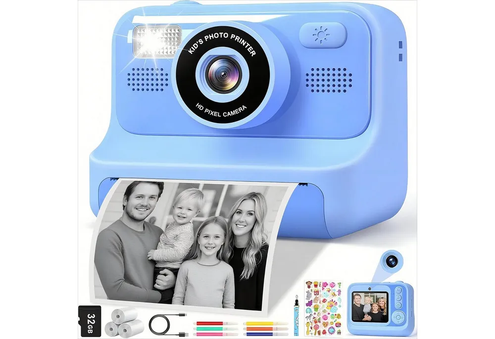 POPOLIC 1080P Kinderkamera - Selfie Digitalkamera Kinder mit 32GB Sofortbildkamera (inkl. Blau, Geburtstagsgeschenk Spielzeug ab 3-11 Jahre Mädchen Jungen)