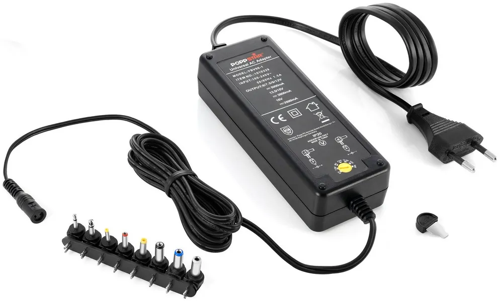 Poppstar Schaltnetzteil (6V - 12V bei 5A) (13,5V 15V bei 3,8A) (16 V bei 3,5A) Universal-Netzteil (mit 8 Adaptersteckern und LED, Kabellänge 2,5m)