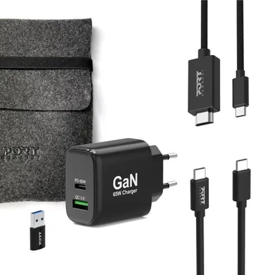 Ladegerät Port Designs 65W GaN USB-C und USB-A, Schwarz