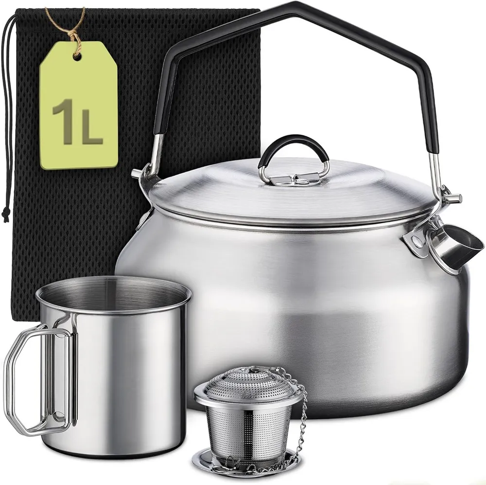 Praknu Reise-Wasserkocher Camping Wasserkocher Set 1L Edelstahl - Ohne Strom - Wasserkessel, 1 l, Stapelbar, kompakt, spülmaschinenfest, hitzebeständiger Griff