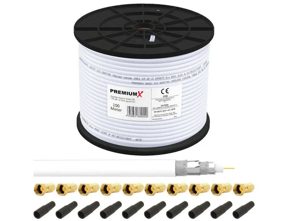 PremiumX 100m BASIC Koaxialkabel 135dB 4-fach SAT Kabel 10x F-Stecker Tülle SAT-Kabel