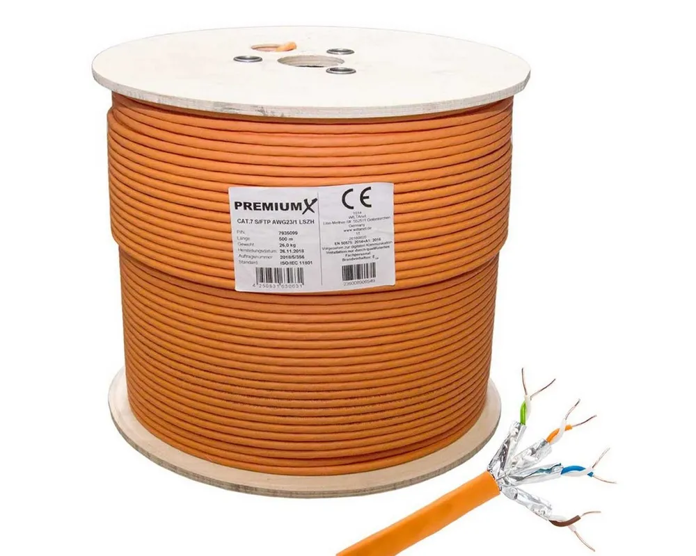 PremiumX 500m CAT 7 Netzwerkkabel Simplex LAN Kabel Ethernet Datenkabel Computer-Kabel