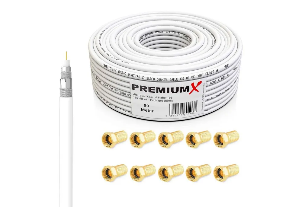 PremiumX 50m BASIC Koaxialkabel 135dB 4-fach SAT Koax Kabel 10x F-Stecker SAT-Kabel