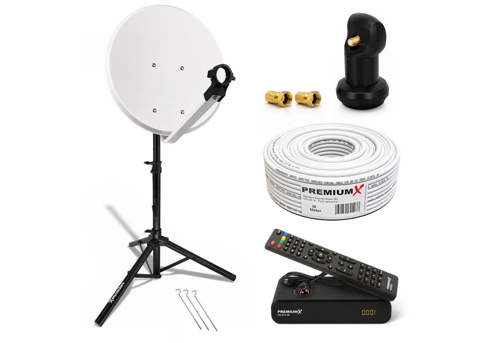 PremiumX Camping Komplett Sat Anlage 45cm Single LNB 10m Kabel Stativ Receiver SAT-Antenne