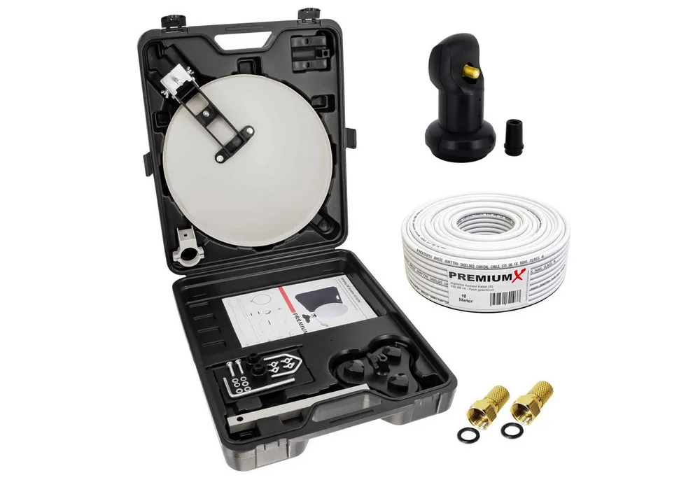 PremiumX Camping SAT Anlage Antenne Single LNB 10m Kabel Stecker im Koffer SAT-Antenne