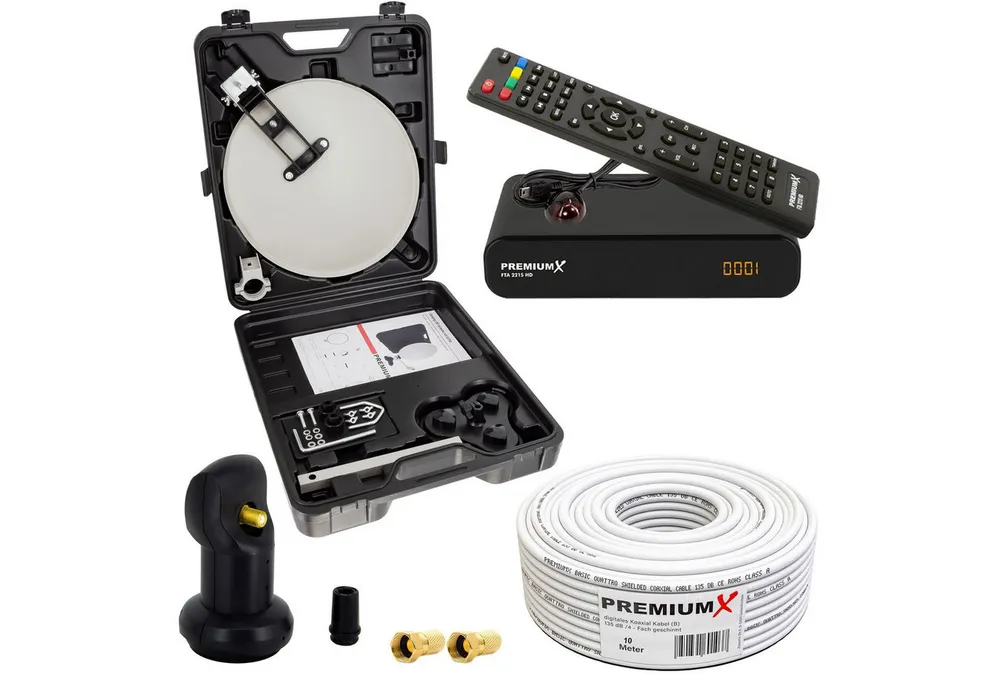 PremiumX Camping SAT Anlage HD TV Receiver Single LNB Kabel F-Stecker Koffer SAT-Antenne