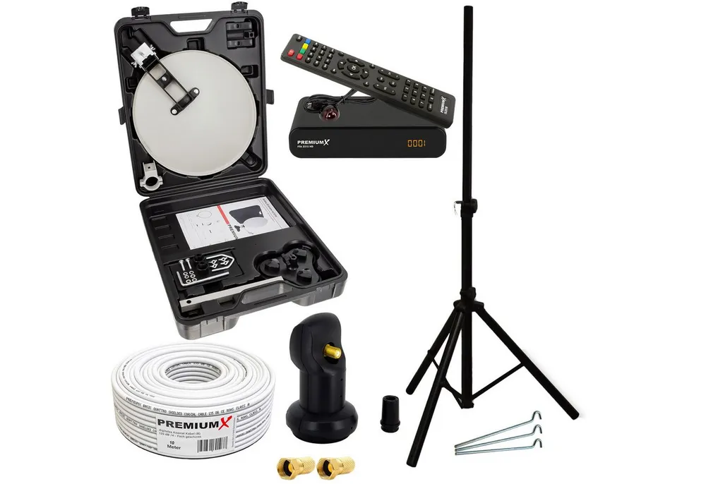 PremiumX Camping SAT Anlage HD TV Satelliten Receiver LNB Kabel Koffer Stativ SAT-Antenne