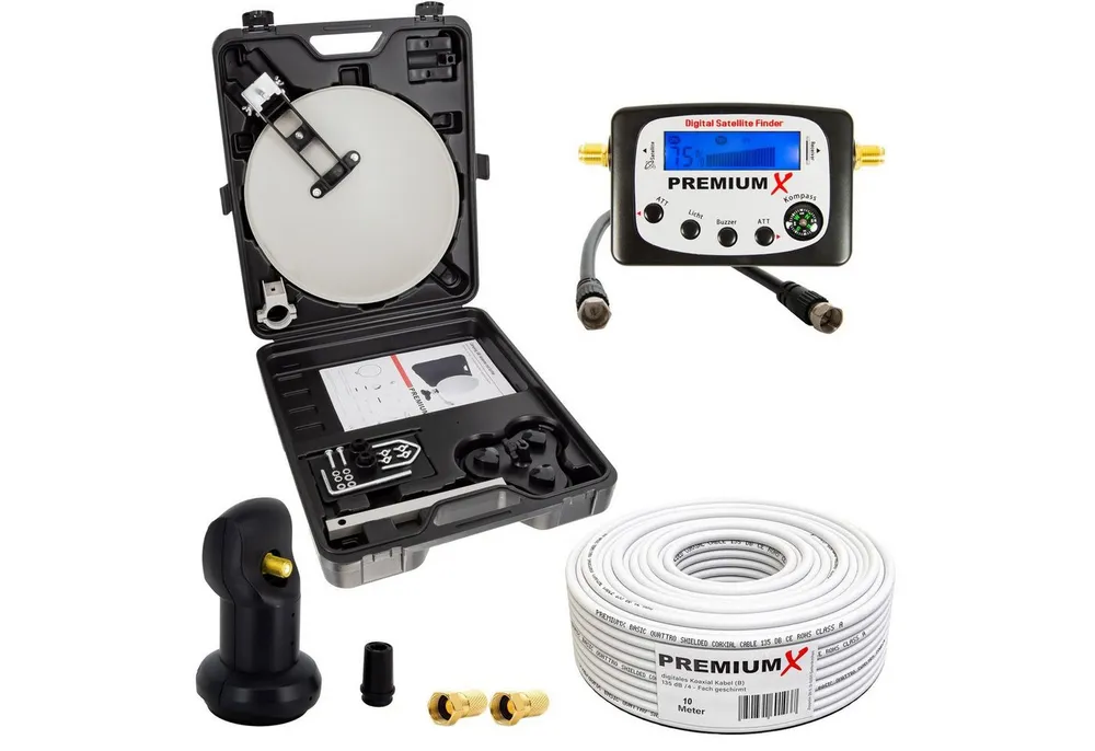 PremiumX Camping SAT Anlage Satelliten-Finder LNB 10m Kabel F-Stecker Koffer SAT-Antenne