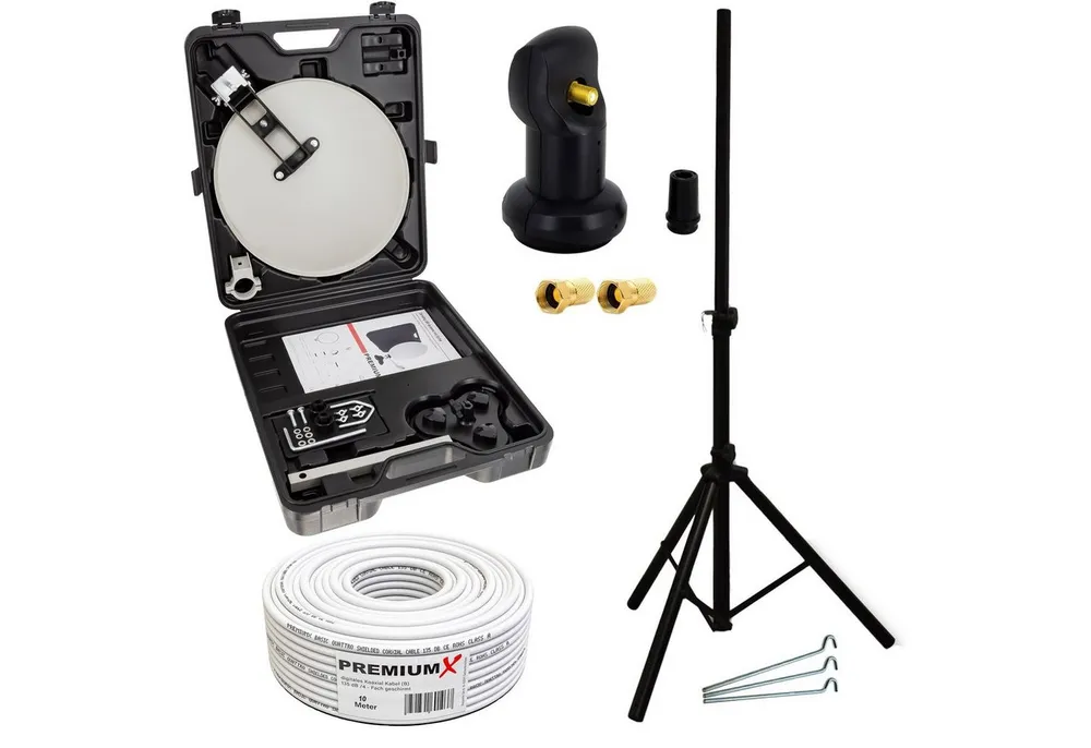 PremiumX Camping SAT Anlage Satelliten Antenne LNB 10m Kabel Koffer Stativ SAT-Antenne