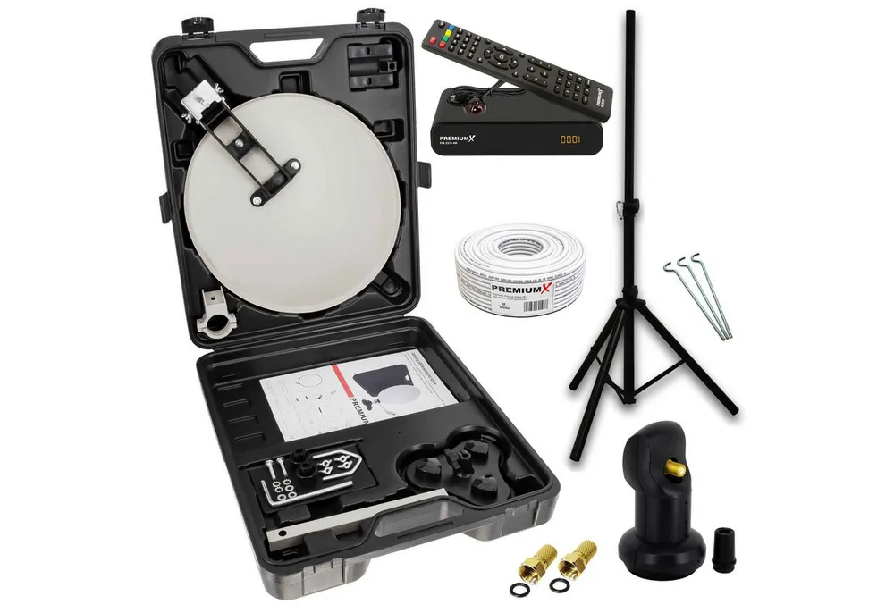 PremiumX Camping SAT Anlage TV Receiver LNB Kabel Stecker im Koffer Stativ SAT-Antenne