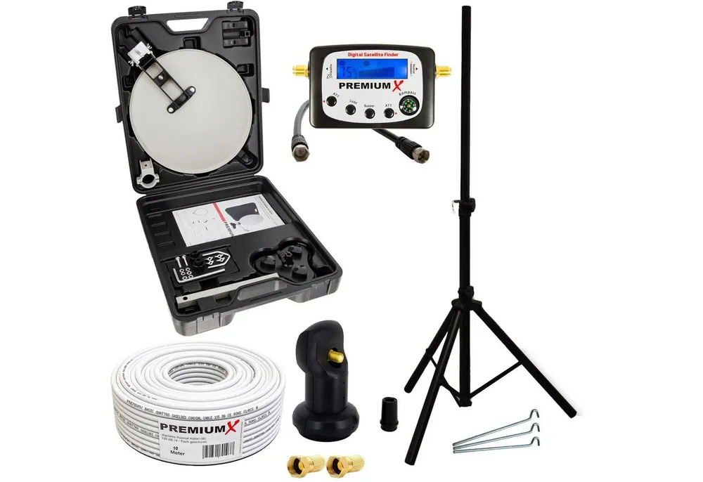 PremiumX Camping SAT TV Anlage LNB Satelliten-Finder Kabel im Koffer Stativ SAT-Antenne