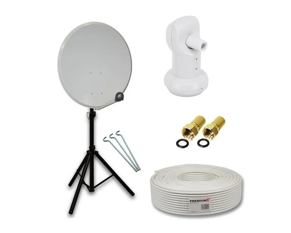 PremiumX Camping Satelliten-Komplettanlage 80cm Alu LNB Kabel F-Stecker Stativ SAT-Antenne