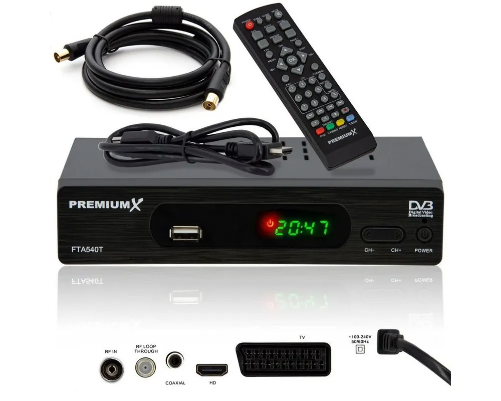 PremiumX FTA 540T Full HD Digital DVB-T2 Receiver USB SCART HDMI Antennenkabel DVB-T2 Receiver