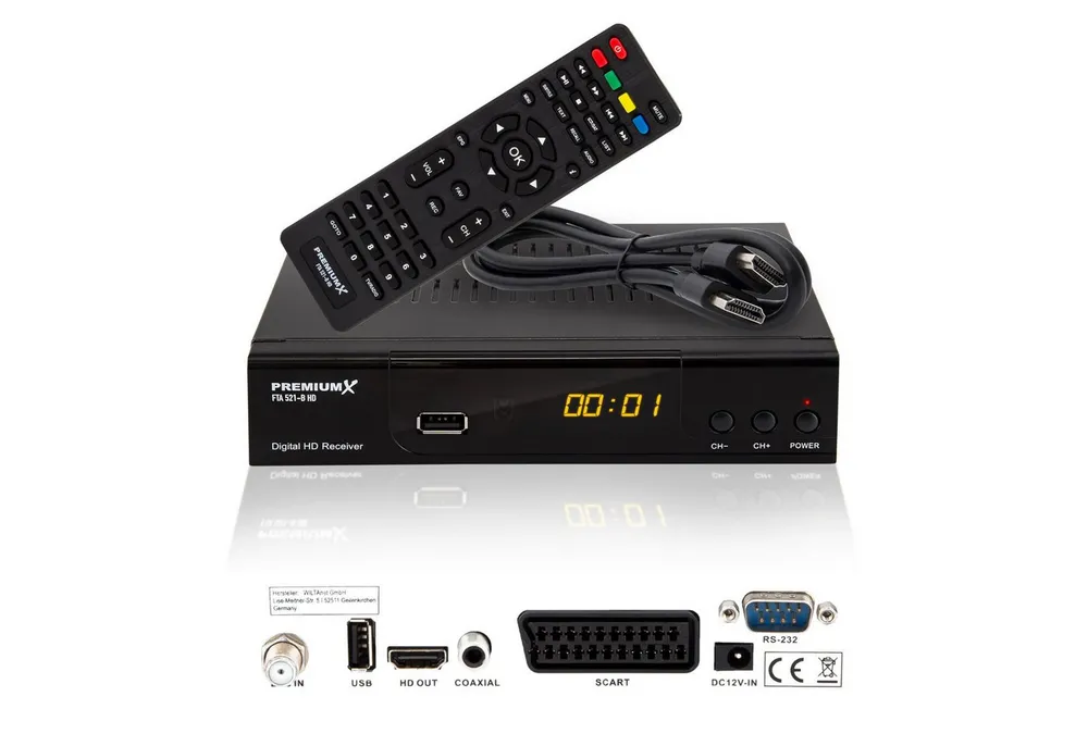 PremiumX HD 521 B FTA Digital SAT Receiver DVB-S2 HDMI SCART USB 12V FullHD SAT-Receiver
