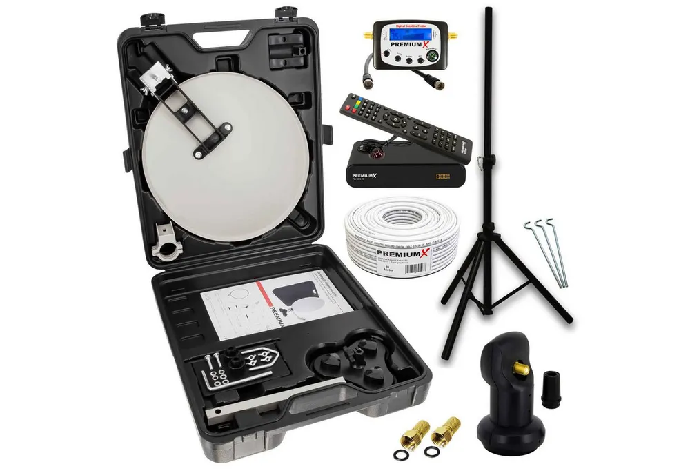 PremiumX Mobile SAT Anlage Receiver Satelliten-Finder LNB Kabel Koffer Stativ SAT-Antenne