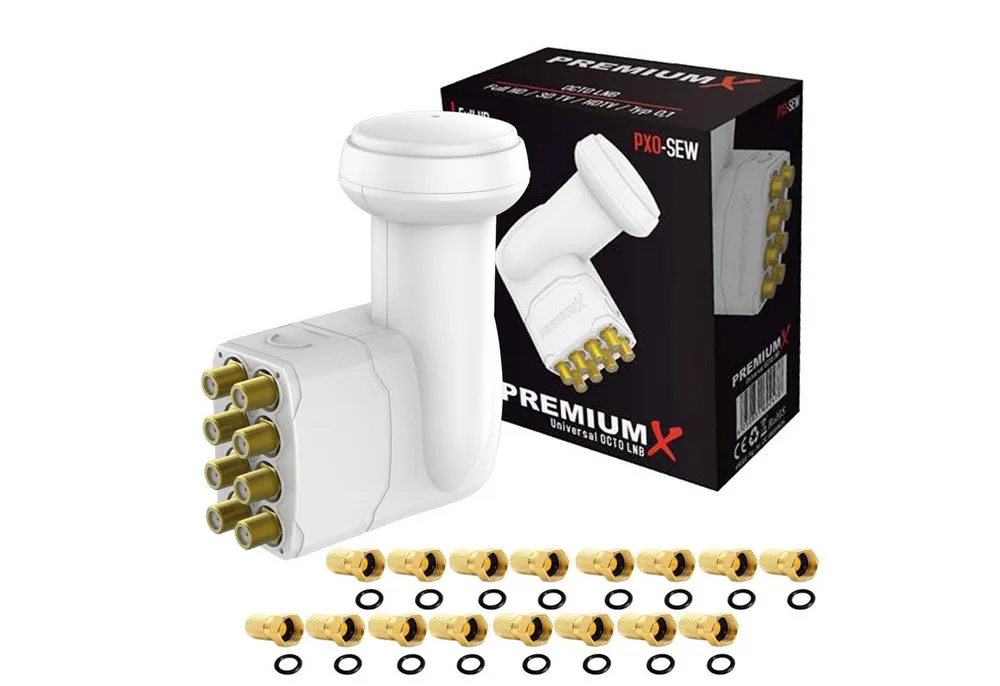 PremiumX Octo LNB weiß SAT für 8 Teilnehmer DVB-S2 HD 4K inkl. 16x F-Stecker Monoblock-LNB