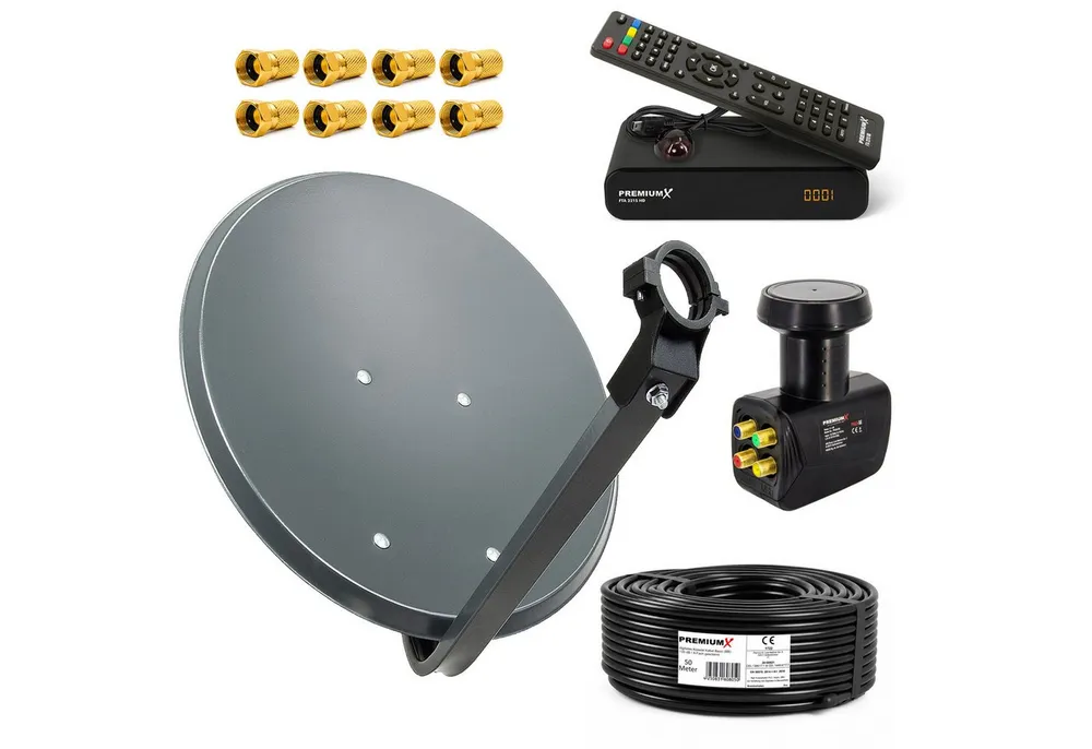 PremiumX SAT Anlage 60cm Antenne ALU Quad LNB Kabel 50m Receiver SAT-Antenne