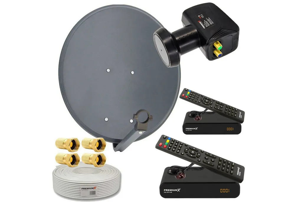 PremiumX SAT Anlage 60cm Antenne Twin LNB 25m Kabel 2x HDTV Receiver SAT-Antenne