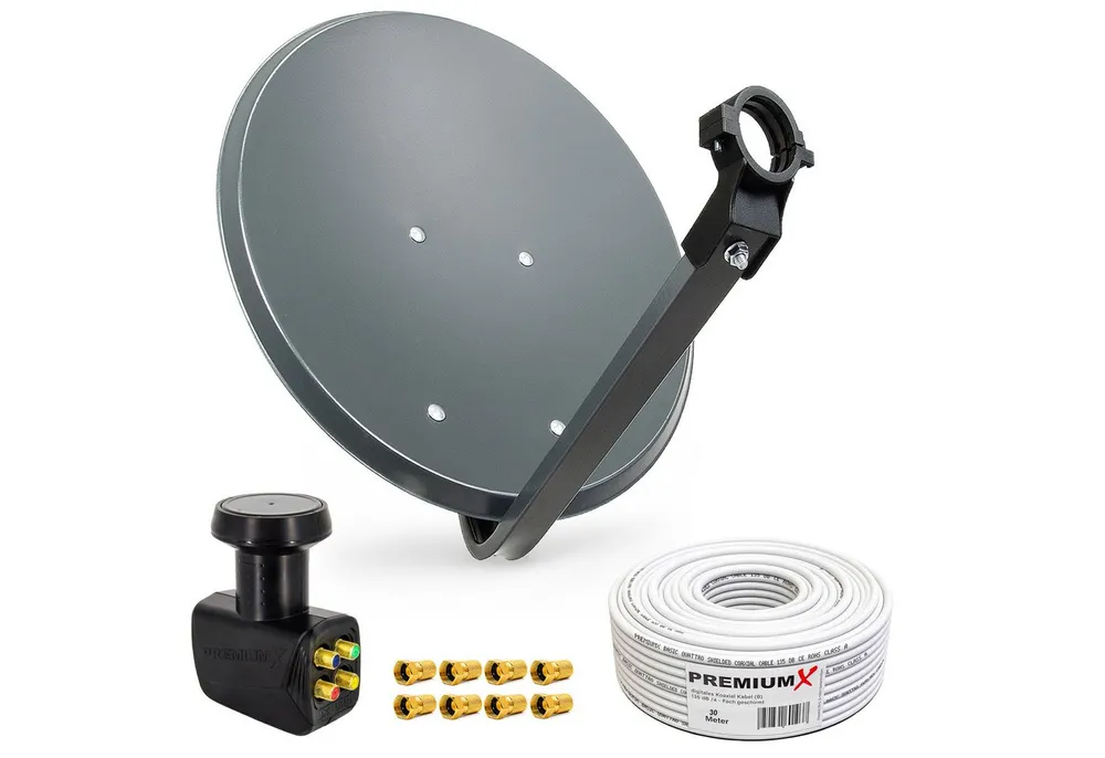 PremiumX SAT Anlage 80cm Antenne Quad LNB 30m Kabel 8x F-Stecker SAT-Antenne