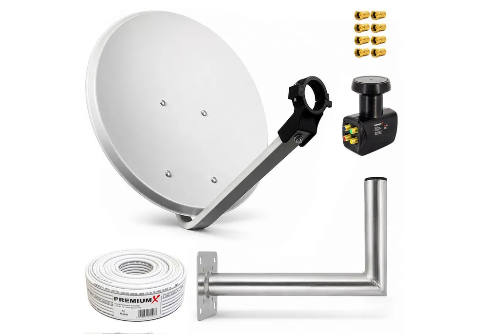 PremiumX SAT Anlage 80cm Antenne Quad LNB 50m Kabel Wandhalter 45cm SAT-Antenne