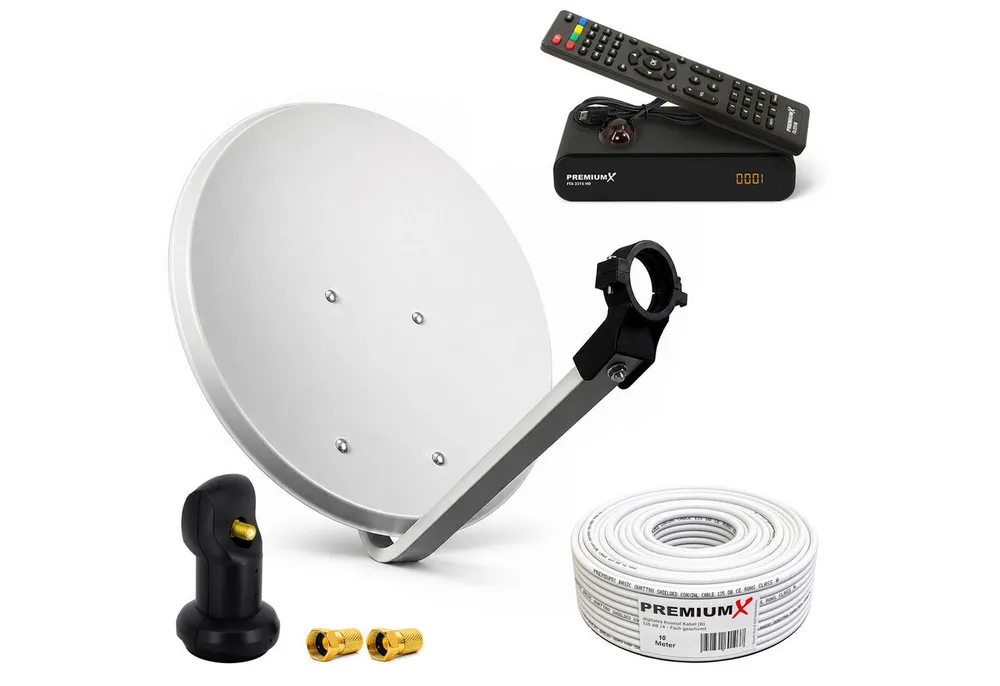 PremiumX Satelliten-Komplettanlage 60cm Single LNB 10m Sat-Kabel Sat-Receiver SAT-Antenne