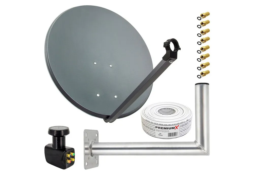 PremiumX Satelliten-Komplettanlage 80cm ALU Quad LNB 50m Kabel 45cm Wandhalter SAT-Antenne