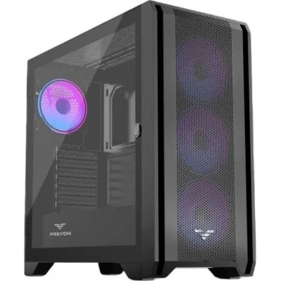 PREYON Nest Windy+ PC-Gehäuse mit 4 x 120-mm-PWM-ARGB-Lüftern, gehärtetem Glas, USB-C, Schwarz