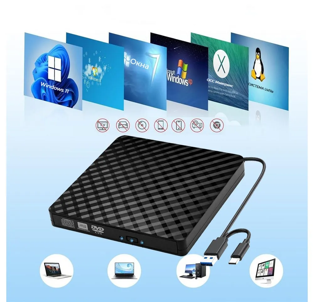 PRIISF External CD DVD +/-RW ROM Optical Drive Rewriter Writer USB 3.0,Type-C DVD-Brenner (Slim CD/DVD ROM Portable Laufwerk Brenner, DVD 8x/CD 24x, Für alle Notebook Desktop PC Laptop-Mac OS,Windows11)