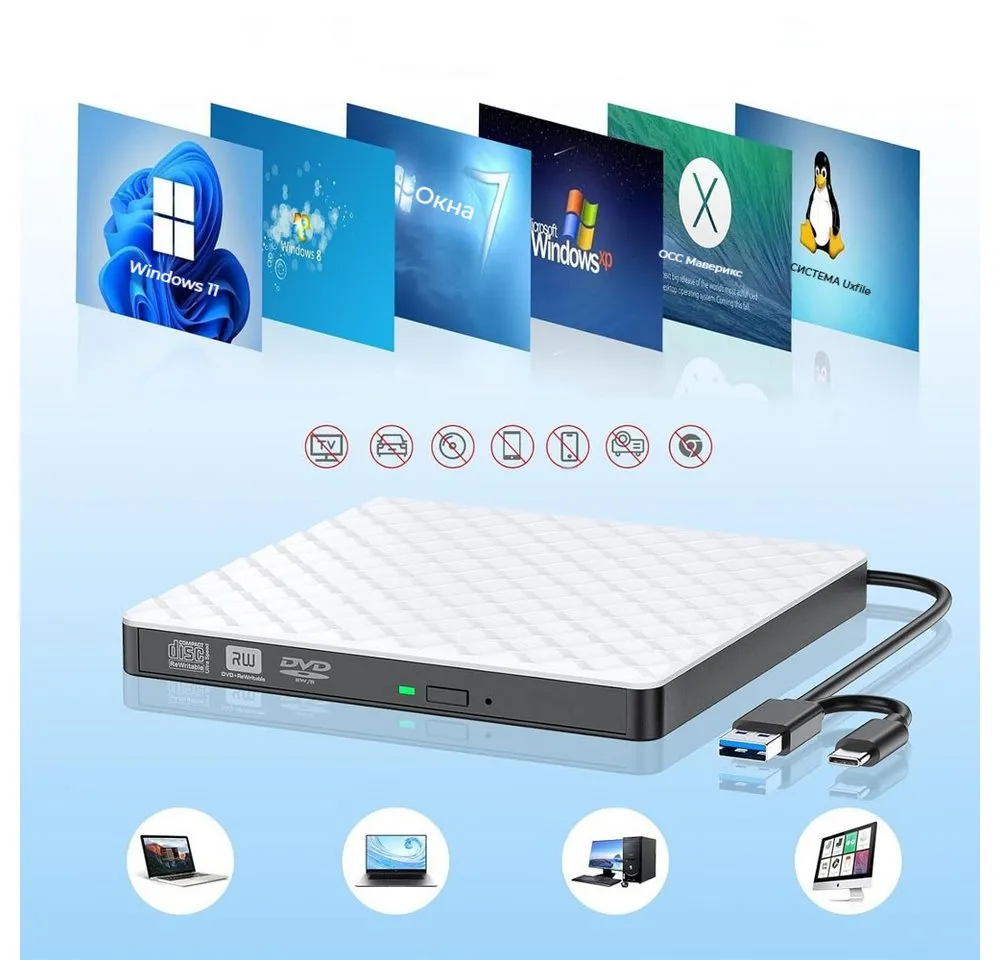 PRIISF External CD DVD +/-RW ROM Optical Drive Rewriter Writer USB 3.0,Type-C DVD-Brenner (Slim CD/DVD ROM Portable Laufwerk Brenner, DVD 8x/CD 24x, Für alle Notebook Desktop PC Laptop-Mac OS,Windows11)