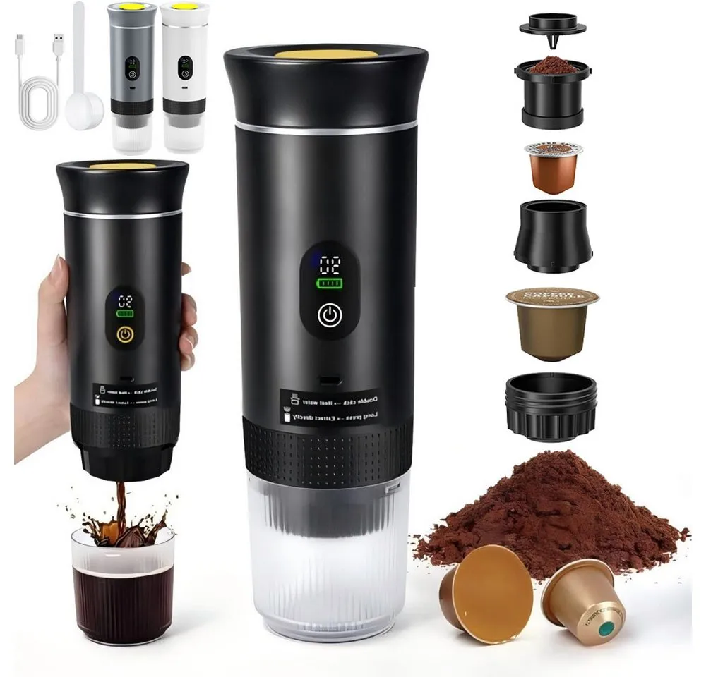 PRIISF Reisekaffeemaschine Tragbare Espressomaschine Kapselmaschine mit Akku Kaffeemaschine USB, mit LCD Bildschirm Brüher kompatibel gemahlenem Kaffee & NS-Kapseln Elektrische Selbsterhitzung Filterkaffeemaschine Portable Coffee Maker, für Familien, Reisende, Camping, Büro, Auto, Wandern, Zuhause