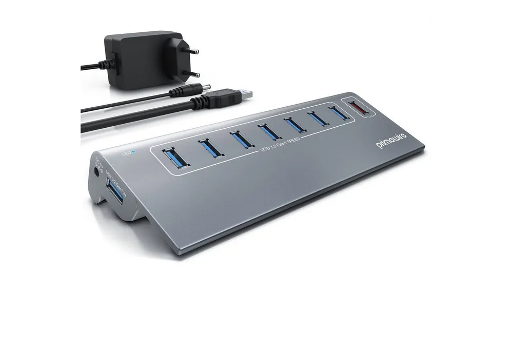Primewire 8 Port USB Port Hub, 5 Gbit/s Aktiv Verteiler mit Netzteil, Alugehäuse USB-Adapter 1× USB Typ A Stecker zu 8 x USB 3.2 Gen1 Buchse - davon 1x USB Ladeport smart Charge, 7 x Datenports 1 x USB Ladeport, für PC, Notebook, Laptop, Tablet