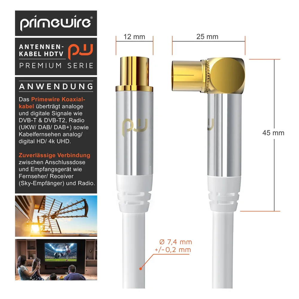 Primewire Antennenkabel gewinkelt, Koaxialkabel 75 Ohm HDTV, Radio, DVB-T DVB-T2 DVB-S2 TV Antennen Kabel