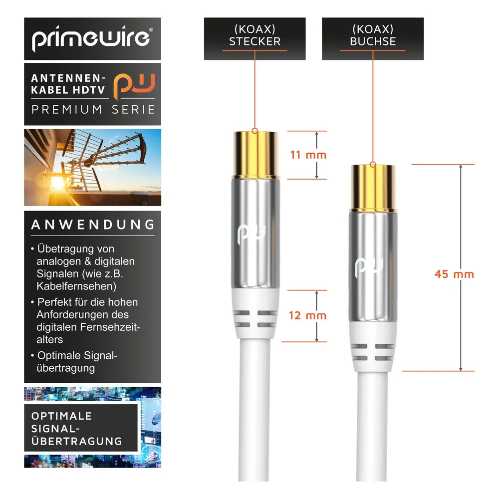 Primewire Antennenkabel HDTV Premium Koaxialkabel 135dB / 75 Ohm FullHD / 4k Ultra HD Fernsehkabel (85 dB, Antennenkabel)