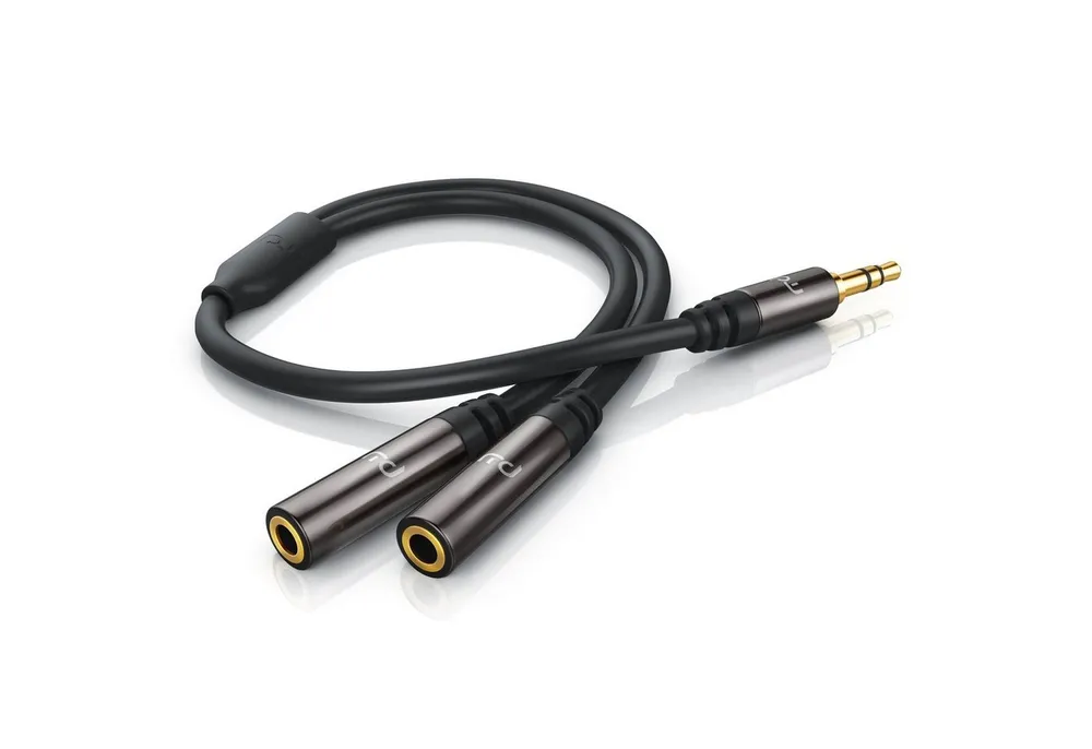 Primewire Audio-Adapter 3,5-mm-Klinke zu 2x 3,5-mm-Buchse, 15 cm, Premium Stereo Audio AUX Stecker auf 2x Buchse Y-Adapter