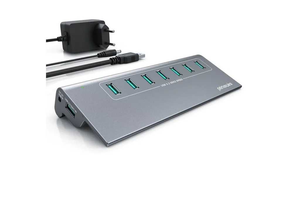 Primewire USB 3.2 Gen2 Hub, 7 Port Verteiler aktiv mit Netzteil, 10 Gbit/s USB-Adapter, Netzteil & Metallgehäuse, für PC Notebook Laptop Tablet Windows & Mac