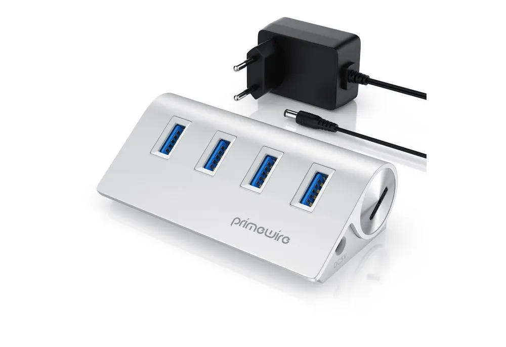 Primewire USB-Adapter 1× USB Typ A Stecker zu 4 x USB 3.2 Gen2 Buchse, 4 Port USB 3.2 Gen2 Hub Aktiv Verteiler mit Netzteil, Alugehäuse