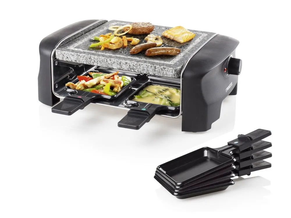 PRINCESS Raclette, 4 Raclettepfännchen, 600 W, Stonegrillparty Tischgrill 2-4 Personen Gerät heißer Stein-Platte