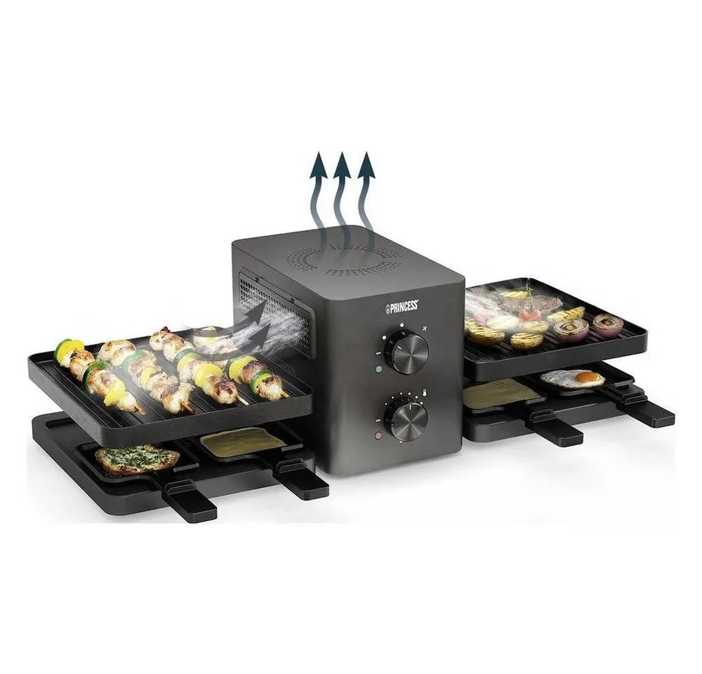 PRINCESS Raclette Princess 162660 Raclette Purify – Luftfiltersystem – Für 8 Personen, 8 Raclettepfännchen, Purify, Integriertes Luftfiltersystem, Klappbar, PFAS-Frei