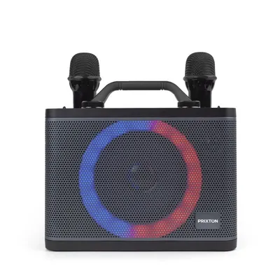 Prixton Partygo Tragbare RGB-Karaoke-Maschine mit 2 Bluetooth-Mikrofonen, LED-Licht