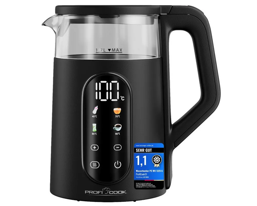ProfiCook Wasserkocher PC-WK 1328 G, Wasserkocher mit Temperatureinstellung 40 - 100°C
