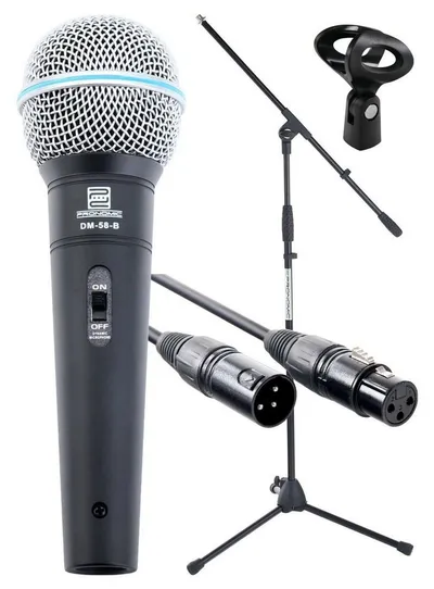 Pronomic Mikrofon Superstar XLR dynamisches Gesangs Mikrofonset (Komplettset), inkl. Galgenständer, 5m XLR-Kabel, Mikrofonklemme