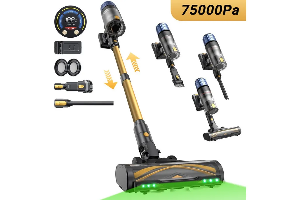 Proscenic Akku-Hand-und Stielstaubsauger 75 kPa, 70 Min Laufzeit, 1,2L Staubbehälter, Geräuscharmer Betrieb, 580 W, beutellos, Grüne LED-Scheinwerfer, Leicht zu handhaben & Effektiv gegen Tierhaare