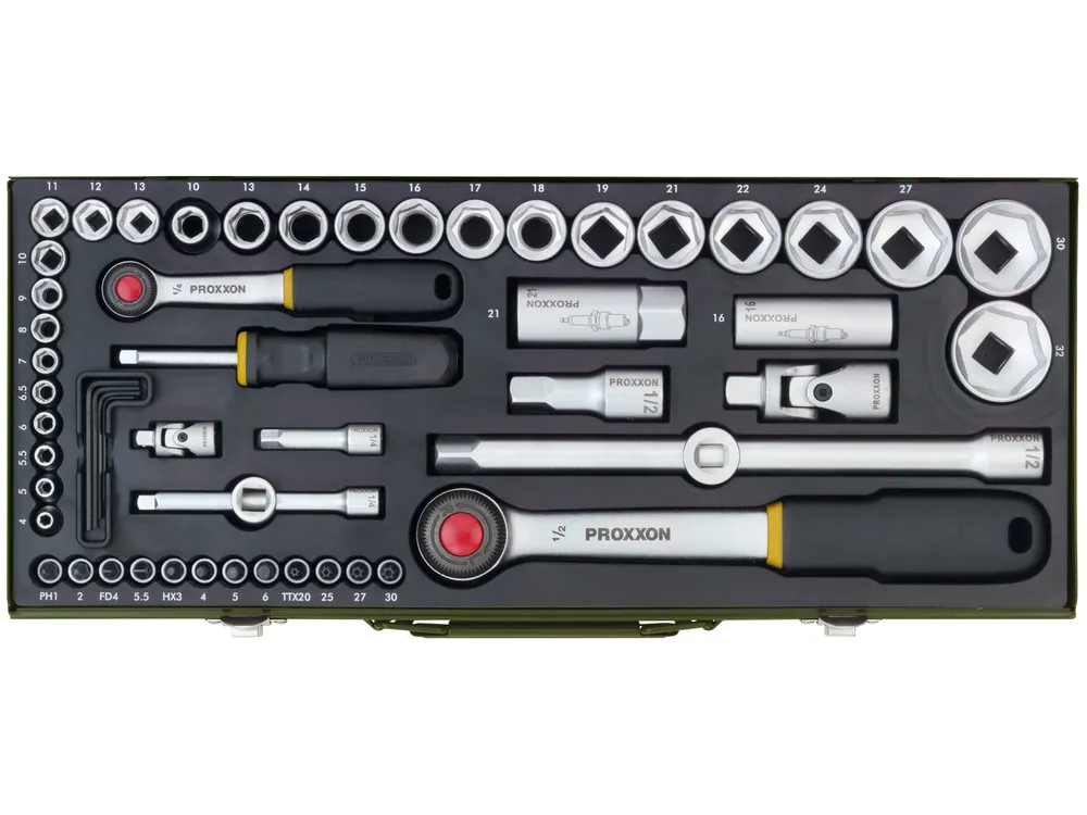 PROXXON Komplettsatz mit 1/4"- und 1/2"-Ratsche, 23040, 56-teilig