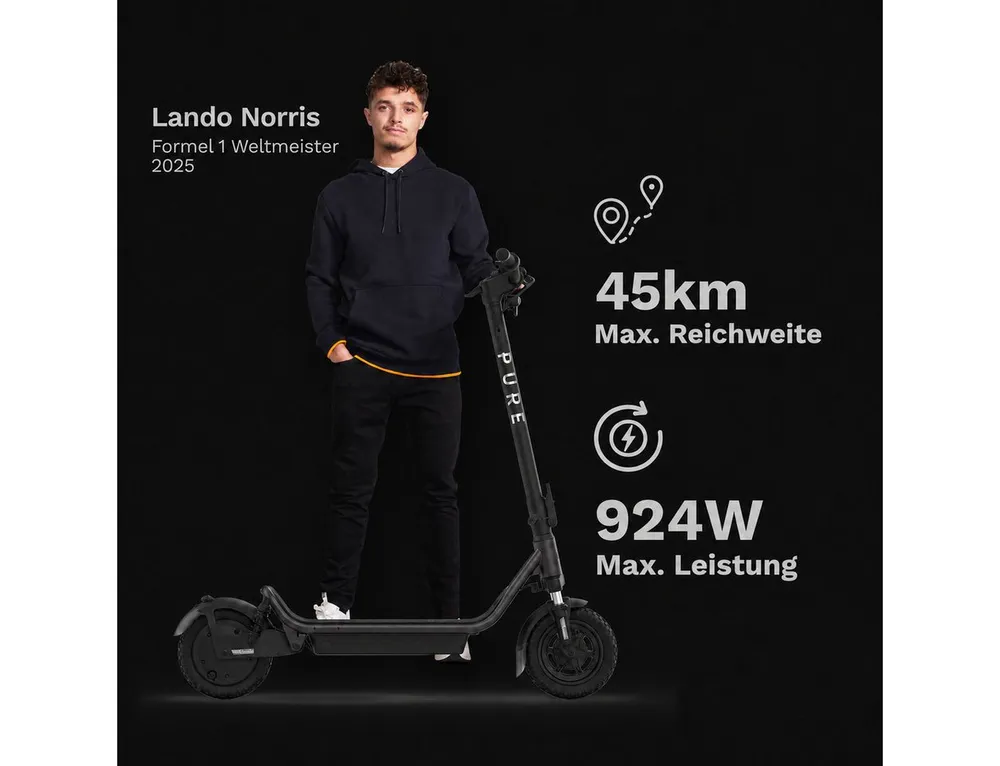 Pureelectric E-Scooter PURE AIR⁶ SUSPENSION E-Scooter mit Doppelfederung, Bis zu 45 km Reichweite. Mit Straßenzulassung. Doppelte Federung.