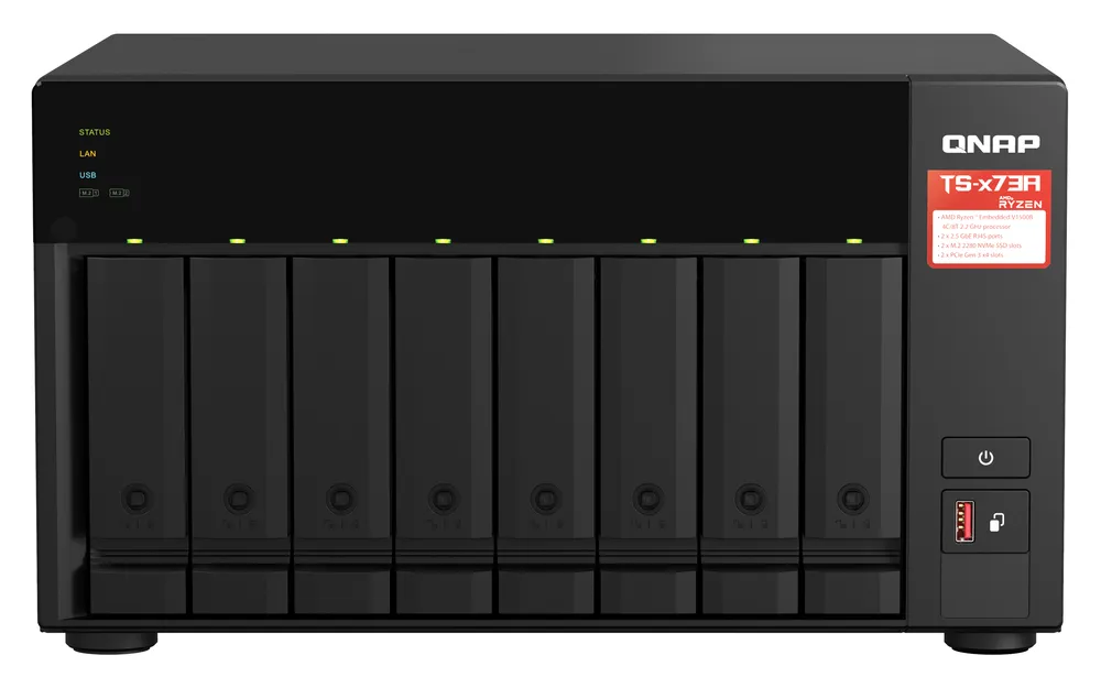 NAS Tower Qnap 8-Bay Ryzen V1500B 8GB DDR4 2.5GbE PCIe M.2 Hot-Swap